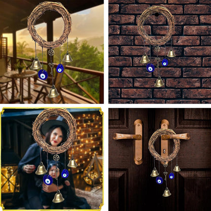 Witch Bells for Door Knob Protection,Witchy Wicca Decor Clear Negative Energies with Blue Evil Eyes for Home Garden Courtyard Decor Protection