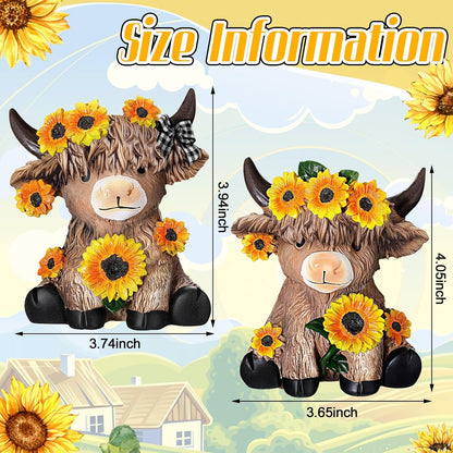 Highland Cow Figurines, Sunflower Resin Statue Set