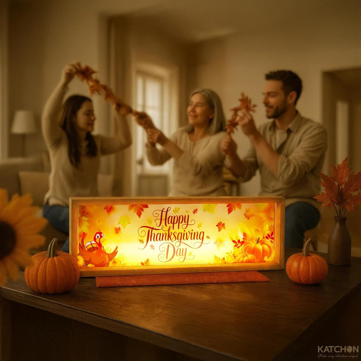 , Happy Thanksgiving Centerpiece Light Wood Table Lamp